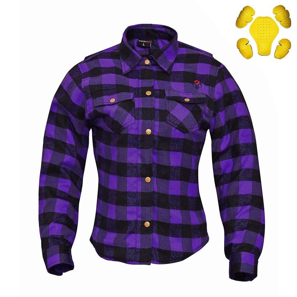 RIDERACT® Ladies Purple Shirt Flannel Motorcycle Shirt with CE Armors NEW
